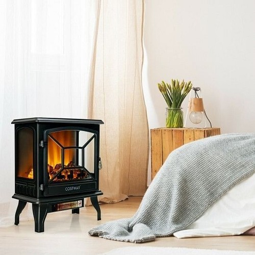 1400W Electric Stove Heater with 3-Level Flame Effect and 3-Sided View-Black - Picture 2 of 6