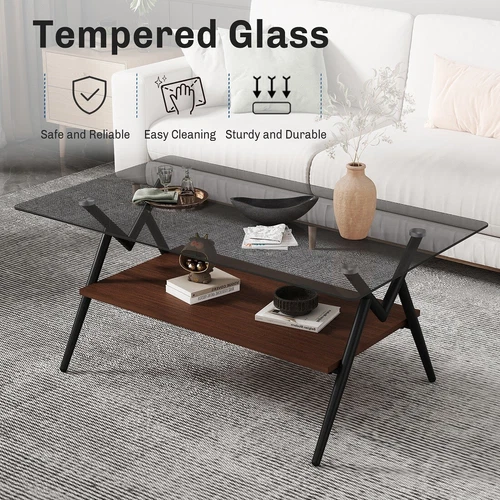 Modern Rectangle Coffee Table Tempered Glass top Brown MDF Shelf Table