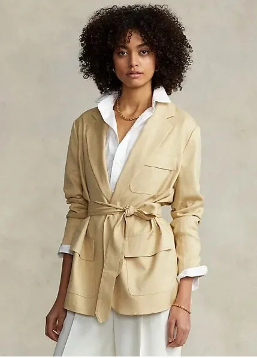 POLO RALPH LAUREN Belted Mulberry Silk and Wool Blazer Beige POLO RALPH LAUREN Belted Mulberry Silk and Wool Blazer Beige