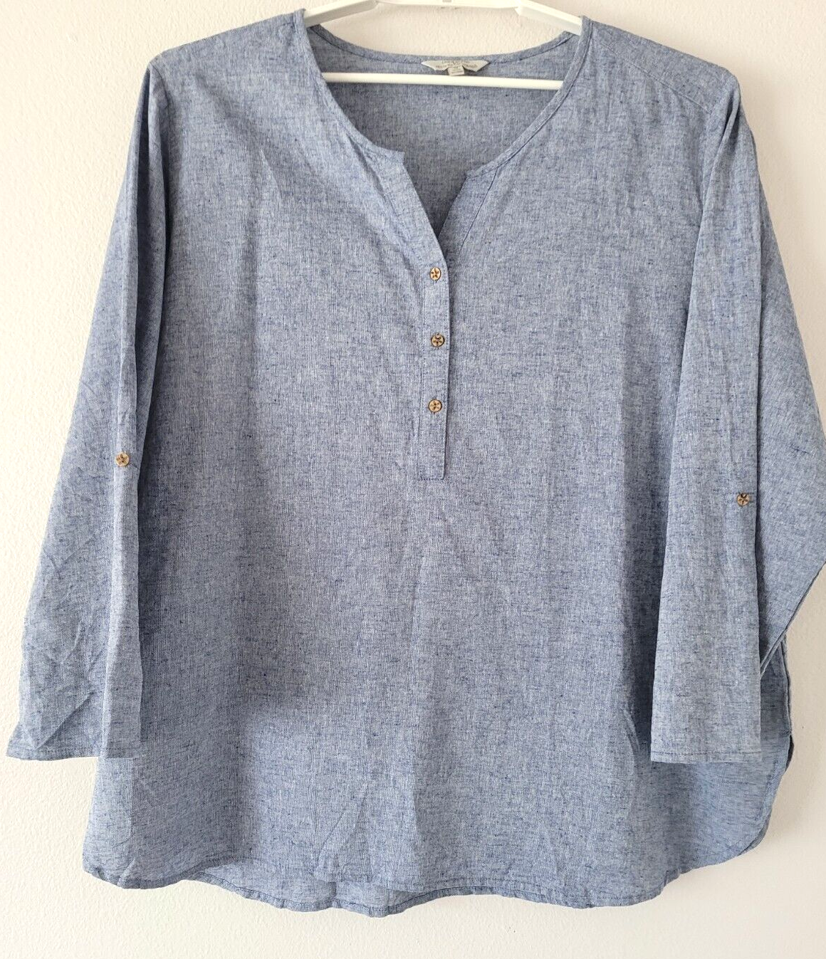 Women's Plus Size 1X Linen Cotton Long Sleeve Blue Tunic with Half Button Front