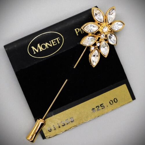 Vintage MONET Stick Pin or Lapel Marquise Clear Rh