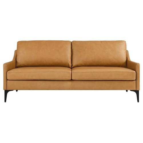 74.5" Wide Mid-Century Sofa Supple Genuine Leather Tan, Gray, Brown Ships FedEx! - Picture 2 of 37