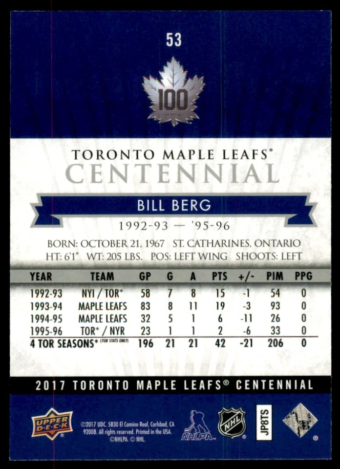 2017-18 Upper Deck Toronto Maple Leafs Centennial Base Bill Berg #53 - Image 2 of 2