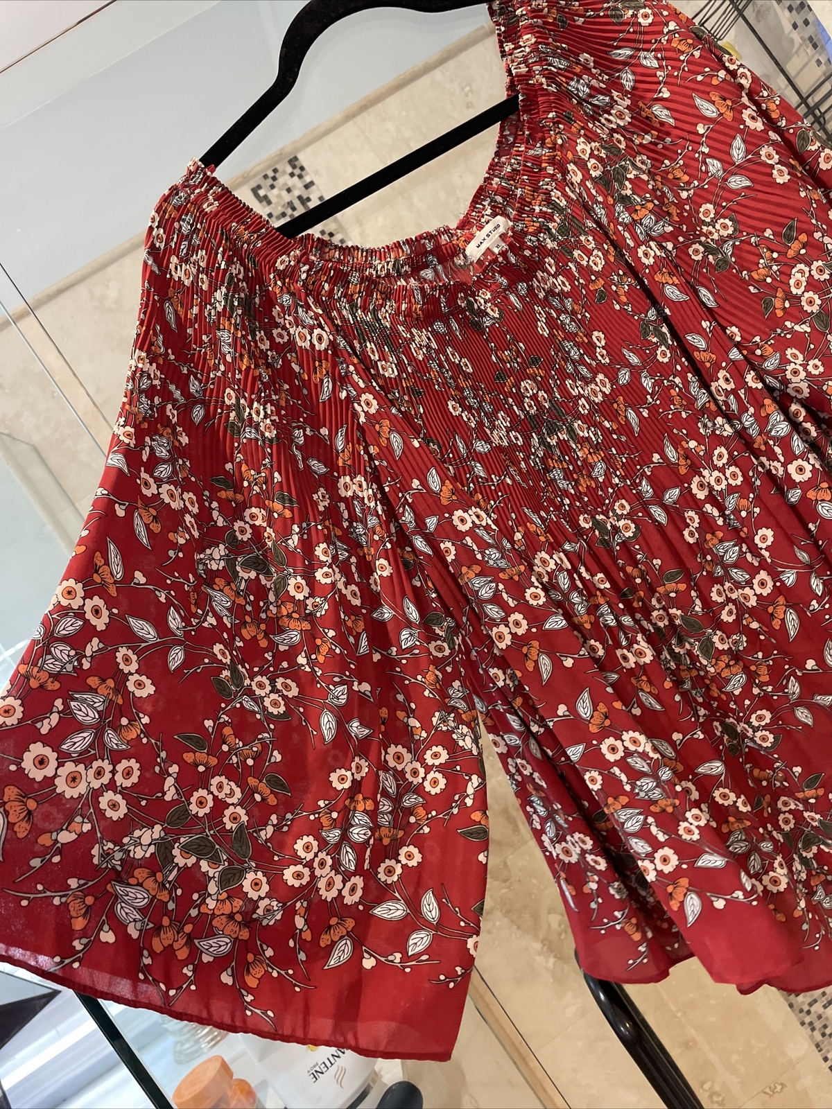 Womens Max Studio Blouse Shirt Sz Xl Red Orange Fall Print  Pleated