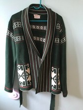 Vintage Womens Fully Fashioned Green Red Geometric Belted Cardigan L Cottagecore