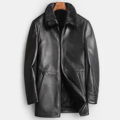 Mens Real Leather Sheepskin Real Mink Fur Liner Coat Mid Long Overcoat Parka Zip