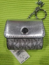 Michael Kors Women Fashion Case For AirPods Pouch Keychain Ring Cover Silver New