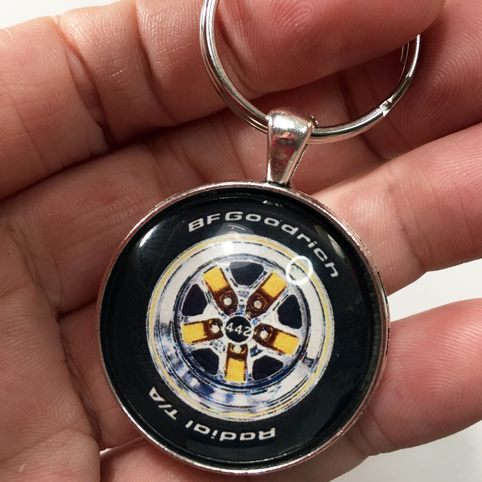 Vintage Oldsmobile 442 Cutlass Chrome Hurst Olds Wheel BF Goodrich Tire Keychain