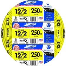 New! 250 ft. 12/2 Solid Romex SIMpull CU NM-B W/G Wire Yellow Color-Coded Jacket