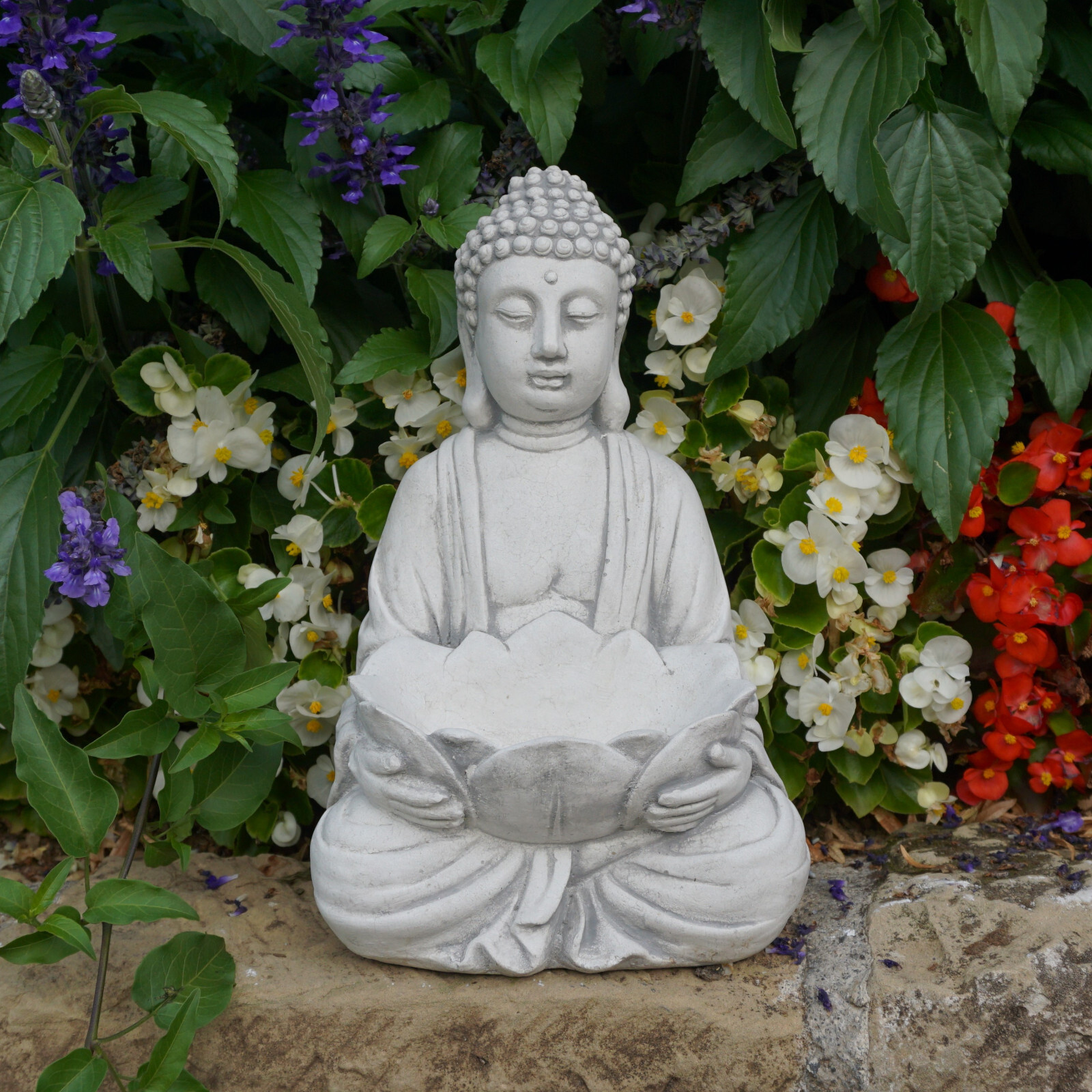 Buddha Lotus Flower Bowl Stone Figurine 30cm 6kg Grey White Concrete Frost Proof