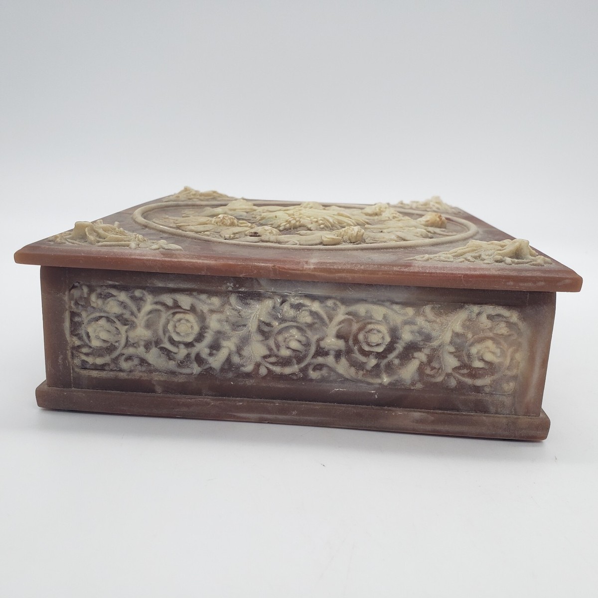 Vintage Incolay Stone Composite Jewelry Box With Tray Cherub