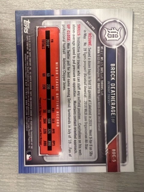 2019 Bowman Draft Chrome Brock Deatherage ( Tigers ) 1st Rookie