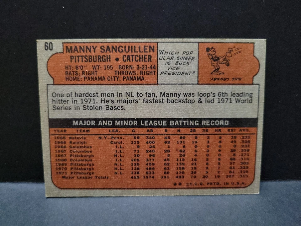 1972 Topps Manny Sanguillen Pittsburgh Pirates #60 EX - Image 2 of 2