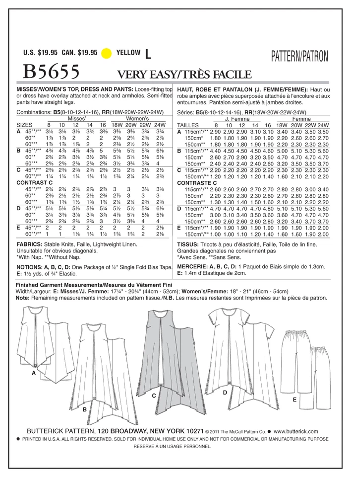 Butterick Sewing Pattern 5655 Womens 18W-24W Easy Loose Tent Dress Top Pants - image 2 of 4