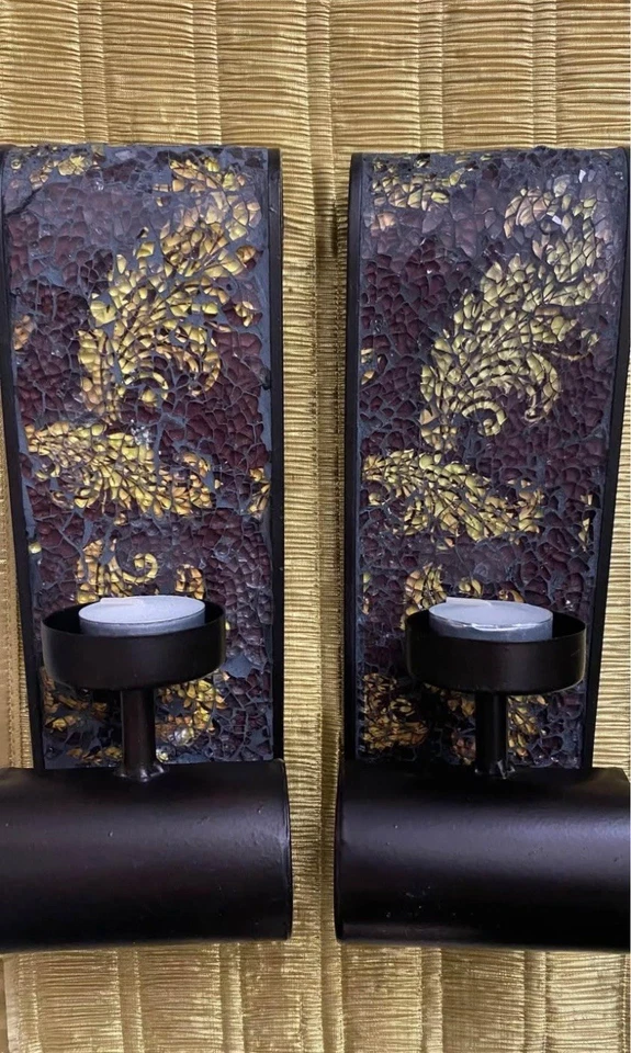 Set Of Mosaic Glass Wall Mounted Sconce Candle Holders - Image 2 of 4