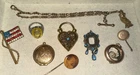 Victorian Jewelry Lot 9 PC Gold FOB DOUBLE CHAIN BRACELET, LOCKETS RING PENDANTS