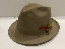 Stetson Fedora Hat Size 7 3/8 Taupe Brown Poly Cotton Blend W Feather  JBS Pin