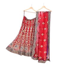 Indian Heavy Red Net Hand Embroidered Designer Anamika Khanna Lehenga 3pcs Set