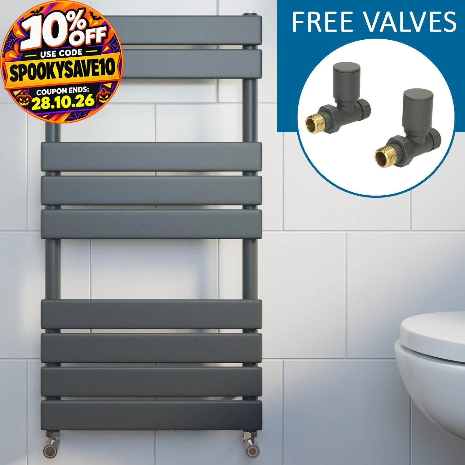 DuraTherm Modern Flat Panel Heated Towel Rail Radiator Anthracite 950x500mm - Straight Valves - Image 2