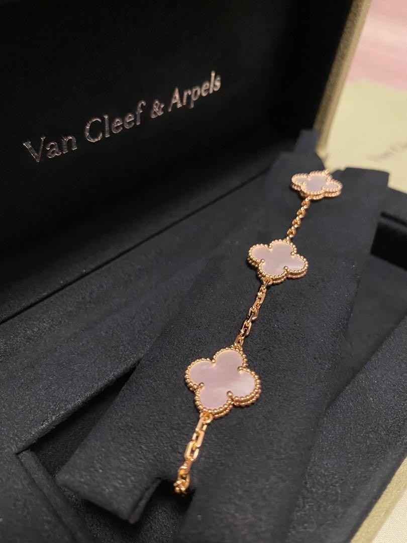 Vintage Alhambra Bracelet 18K Yellow Gold with Pink Agate Clover by VC Arpels