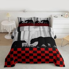 Bear Comforter Set Kids Rustic Red Black Buffalo Check Comforter for Boys Gir...