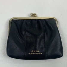 Buxton Black Leather Coin Purse Bag Gold trim Kisslock opening Lined NEW