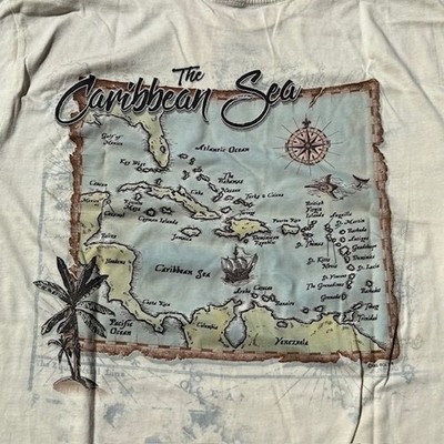Del Sol Caribbean Sea Map T Shirt Color Change Sun Beige M 100% Cotton Beach