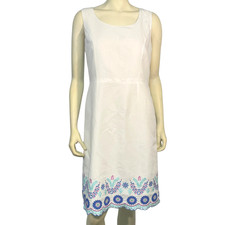 Talbots Sz 4 Sleeveless Sheath Dress White Cotton‑Linen Boho Folk Art Embroidery