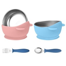 Stainless Steel Baby Bowls NonSlip Silicone Suction Blue Pink 2 PCS