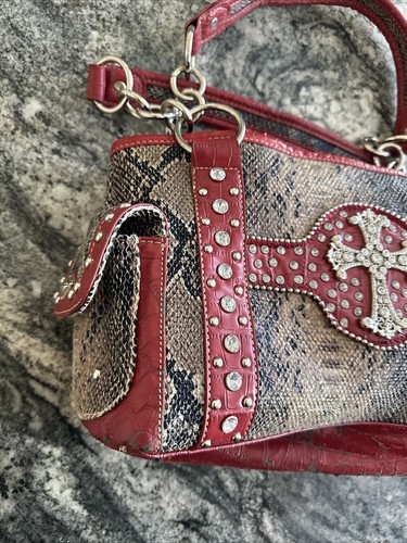 Montana West Red Paisley Handbag Satchel Rhinestones Christian Cross - Picture 2 of 15