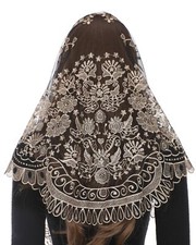 Church Mantilla Catholic Veil Triangle Camellia Flower Embroidered Lace Chape...