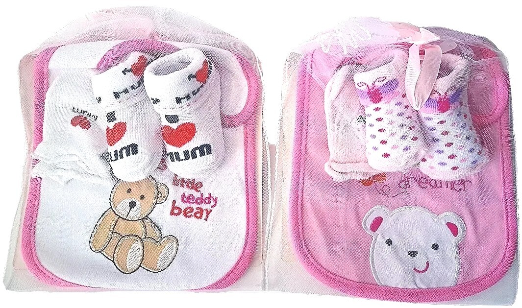 3Pcs Newborn Baby Girl Socks with matching Gloves and Bib Set 2 Packs