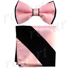 New Men's Pre-tied Bowtie And Hankie Set Two Tone Party Prom Pink Black Stripe