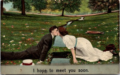 Valentine Love Vintage Postcard Man & Woman Kissing, I Hope To Meet You Soon