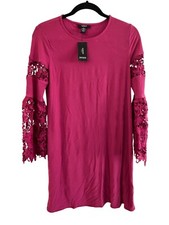 Alfani Petite Fuchsia Dress With Floral Lace Bell Sleeves Womens 4P Polyester &