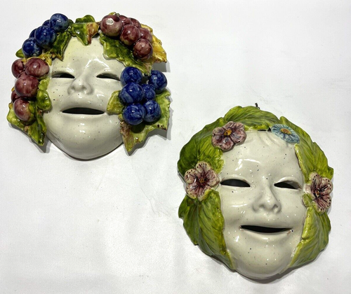 2 Vtg Italy Majolica Pottery 6"x5.5" Bacchus Floral Seasons Wall Hanging Masks - Picture 2 of 7