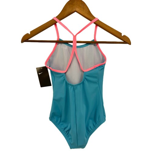 Nike Swimsuit Girls size 8Y Blue 1-Piece Racerback Pink Strap Bathing Suit Sport - Picture 2 of 6