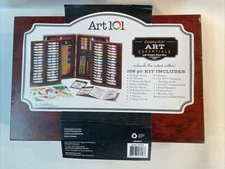 Art 101 Beginning Artist Essentials W/Wood Carry Case 158 Pieces Various Mediums