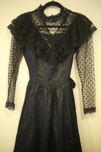 Vintage 1970's Gunne Sax Women's 7 Edwardian Victorian Style Dress Black Mesh - Picture 2 of 17