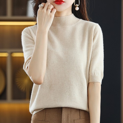 Women Spring Loose Cashmere Round Neck Solid Short Blended Sleeve Knitte T-shirt - Picture 14 of 38
