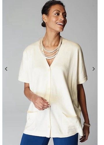 J.Jill Wearever Women's Short Dolman Sleeve Knit Cardigan Ivory Oversized Large