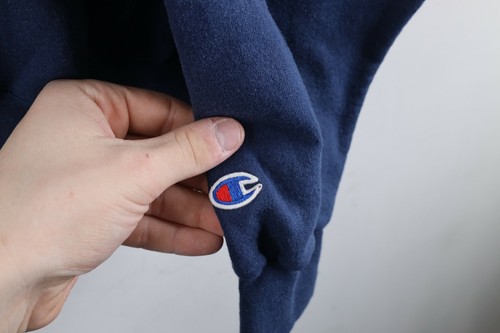 Vintage 90s Champion Mens Large Faded Spell Out Hoodie Sweatshirt Navy Blue - Picture 4 of 11