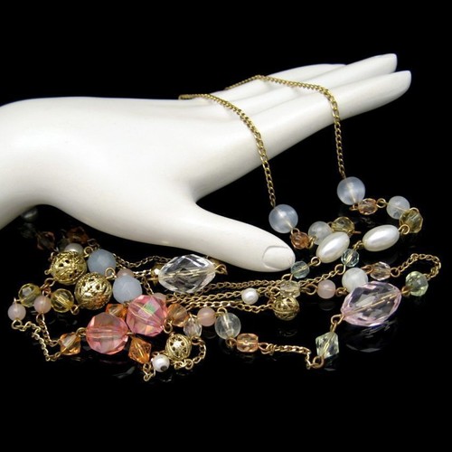 Vintage Extra Long Necklace Acrylic Faux Crystal Filigree Beads Chunky - Picture 4 of 7