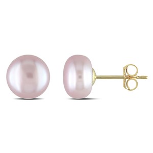 Amour Freshwater Pink Pearl Stud Earrings 14k Yellow Gold