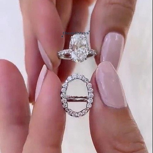 Moissanite Bridal Set Engagement Ring Oval Cut Solid 14K White Gold 3 Carat VVS1 - Picture 5 of 15