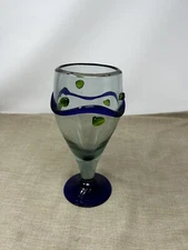 Vintage Hand Blown Art Glass Blue & Green MCM Wine Goblet Thick Clear Glass
