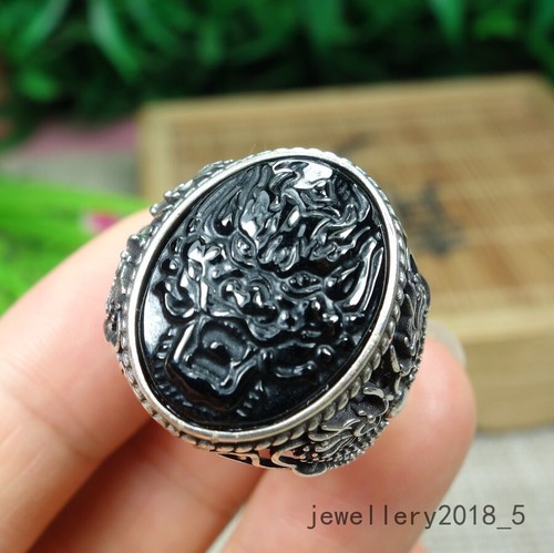 Certified Black Green Burma 100% natural A jadeite jade Dragon Ring 墨翠 龙头戒指 - Picture 12 of 20