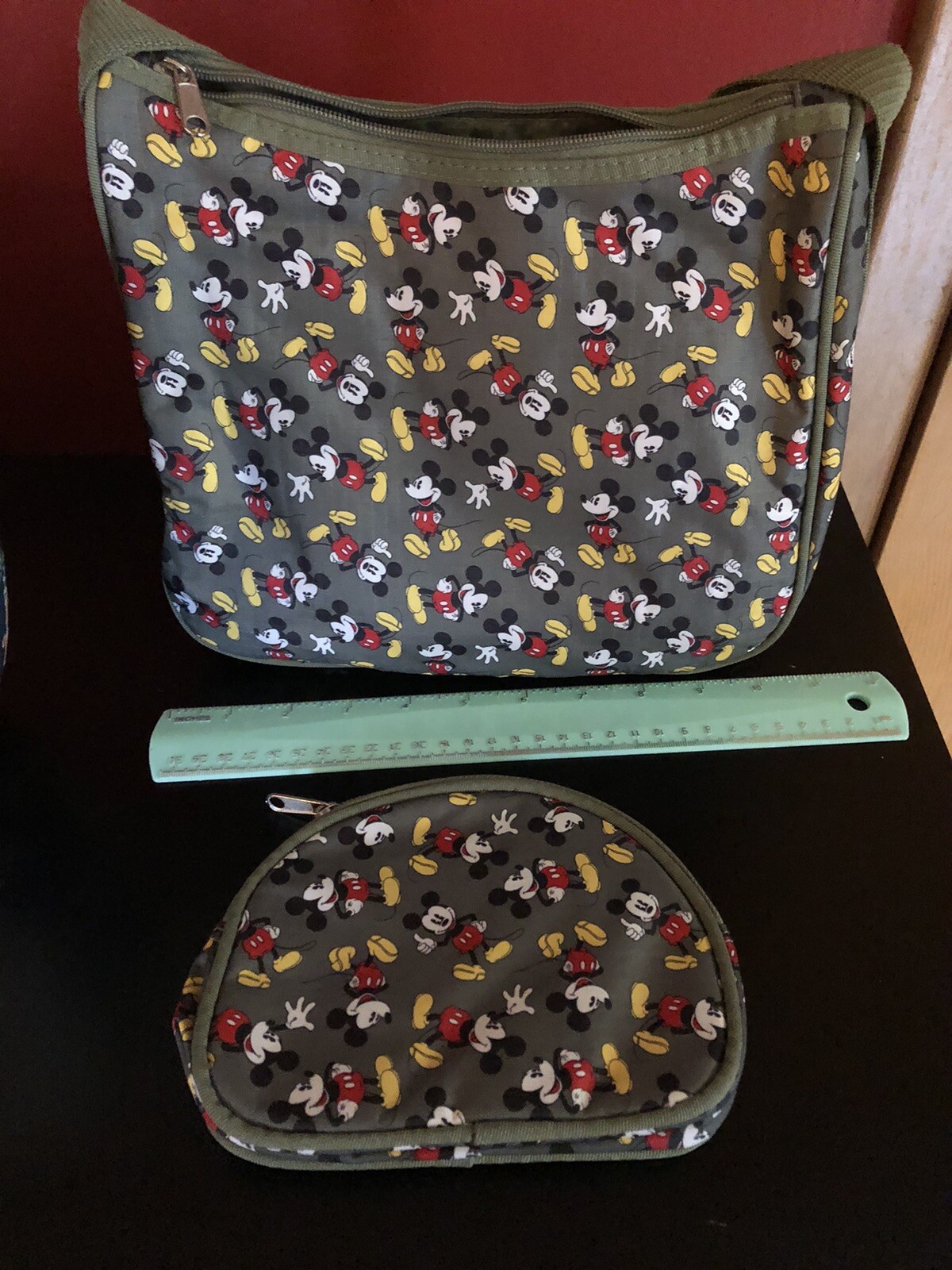 NWOT Disney Mickey Mouse Vinyl Zip Shoulder Bag Olive Green & Coin Purse Lunch