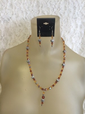 Silver accents with Two Tone Amber colored Crystals Necklace & Earring Set 