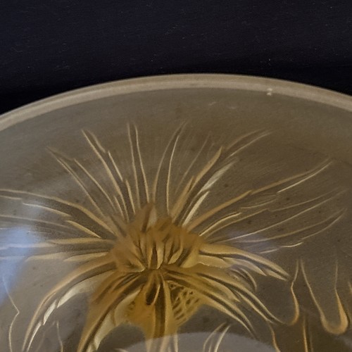 Ciotola vintage ambra smerigliata vetro artistico parete spessa tre piedi fiore foglia design - Foto 11 di 14
